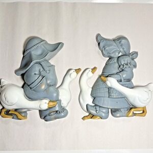 Vintage Homco Burwood Cottagecore Wall Plaque Boy Girl Geese 2865 Set of 2 USA